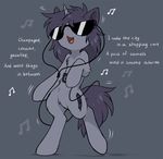  chest_tuft earbuds english_text equine eyewear fan_character female feral fluffy fur grey_background grey_fur hair headphones hioshiru hooves horn mammal my_little_pony open_mouth purple_hair simple_background solo standing sunglasses text tongue tuft unicorn 