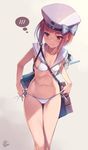  anchor bikini collarbone cowboy_shot flat_chest fukai_ryousuke groin hat kantai_collection navel orange_hair red_eyes sailor_bikini sailor_collar short_hair side-tie_bikini smiley_face solo spoken_blush swimsuit white_bikini white_hat z3_max_schultz_(kantai_collection) 