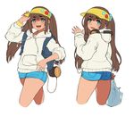  absurdres brown_hair fang green_eyes hai_ookami heart heart-shaped_pupils highres hood hoodie long_hair looking_at_viewer looking_back simple_background smile solo symbol-shaped_pupils thighs visor_cap white_background 