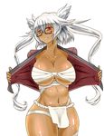  breasts cleavage commentary_request fundoshi glasses happi japanese_clothes kantai_collection large_breasts long_hair musashi_(kantai_collection) open_mouth peanuts_(mu1987) red_eyes sarashi solo white_hair 
