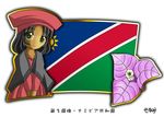  1girl black_hair bougainvillea_(flower) dark_skin flag flower hat murakami_senami namibia 