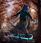  3_toes 5_fingers aaros_(artist) anthro blue_scales brown_hair clothed clothing day detailed_background dragon forest green_eyes hair horn male outside scales smile smooth_horn solo standing toes tree 