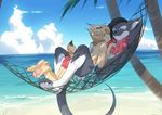  4_toes anthro armpits beach black_hair black_nose blonde_hair clothed clothing day duo feline fumiko fur green_eyes hair hammock lynx male mammal outside pawpads pink_nose seaside sky smile tan_fur toes topless tree want water 