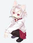  1girl 2016 animal_ears black_legwear blush capriccio cat_ears commentary_request dated fish hair_ornament hood hood_down hoodie kaburi_chiko long_sleeves looking_at_viewer mary_janes mouth_hold original pantyhose paw_hair_ornament red_eyes shoes short_hair side_ponytail silver_hair simple_background skirt solo squatting white_background 