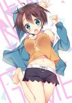  ahoge barefoot breasts brown_hair commentary_request copyright_name green_eyes large_breasts navel new_game! shinoda_hajime short_hair shorts solo sorai_shin'ya white_background 