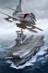  aircraft aircraft_carrier airplane bomb dutch_angle fighter_jet flying harrier_jump_jet helicopter helmet jet kurokawa_takeshi military military_vehicle ocean pilot ship warship watercraft 