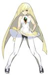  bare_arms blonde_hair breasts dress eyes_visible_through_hair full_body green_eyes hand_on_hip jirusu long_hair looking_at_viewer lusamine_(pokemon) medium_breasts pantyhose pokemon pokemon_(game) pokemon_sm short_dress simple_background solo standing white_background 