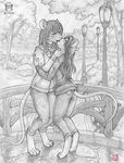  2016 4_toes 5_fingers anthro clothed clothing day digitigrade duo eyelashes eyes_closed female fur greyscale hair kacey kissing male mammal monochrome mouse outside raining rodent standing toes 