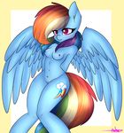 2016 anthro ashee_cakes blue_feathers blue_skin breasts equine feathered_wings feathers female friendship_is_magic hair mammal multicolored_hair multicolored_tail my_little_pony pegasus pussy rainbow_dash_(mlp) rainbow_hair rainbow_tail smile solo spread_wings wings 
