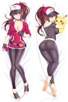  artist_request ass barefoot baseball_cap belt black_legwear blue_eyes blush breasts brown_hair choker cleavage cleavage_reach dakimakura feet female_protagonist_(pokemon_go) fingerless_gloves full_body gen_1_pokemon gloves hat holding holding_poke_ball large_breasts leggings long_hair looking_at_viewer lying multiple_views no_socks non-web_source on_back open_mouth pikachu poke_ball pokemon pokemon_(creature) pokemon_go ponytail sample shoes skin_tight smile sneakers 