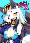  black_hair blonde_hair blue_background blush breasts cleavage daji detached_sleeves facial_mark forehead_mark fullbokko_heroes furry gradient gradient_background hand_on_own_cheek hat heart kishibe large_breasts multicolored_hair open_mouth slit_pupils solo tail upper_body white_background yellow_eyes 
