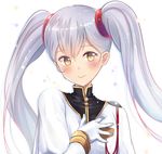  bangs blush closed_mouth eyebrows_visible_through_hair face gloves hair_between_eyes hair_ornament highres hoshino_ruri kidou_senkan_nadesico long_hair long_sleeves military military_uniform silver_hair simple_background smile solo twintails uniform untsue upper_body white_background white_gloves yellow_eyes 