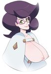  big_hair breasts cleavage glasses green_eyes greenmarine highres large_breasts lips long_hair looking_at_viewer nipples pokemon pokemon_(game) pokemon_sm purple_hair simple_background solo white_background wicke_(pokemon) 