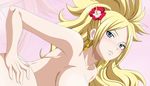  1girl bare_shoulders blonde_hair blue_eyes breasts earrings fairy_tail female flower gold hair_flower hair_ornament jenny_realight jewelry large_breasts long_hair no_bra nude open_mouth sideboob smile solo 