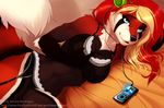  5_fingers anthro armpits black_fur black_nose blonde_hair blue_eyes clothing detailed_background eyelashes female fur gorsha_pendragon hair headphones lingerie looking_at_viewer mammal midriff music_player navel red_fur red_hair red_panda smile solo white_fur wide_hips 