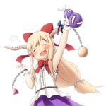  1girl alcohol armpit bow child drunk eyebrows eyebrows_visible_through_hair eyes_closed hair_bow hair_ornament holding horns ibuki_suika long_hair open_mouth simple_background sira solo tied_hair touhou upper_body white_background 