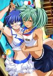 armpits belt black_skirt blue_hair breast_press breasts cleavage collarbone eyebrows eyebrows_visible_through_hair eyepatch frilled_skirt frills girl_on_top green_eyes green_hair hair_between_eyes hair_ornament ikkitousen large_breasts looking_at_viewer lying medical_eyepatch midriff multiple_girls navel on_back pleated_skirt ryofu_housen ryomou_shimei shirt short_hair short_twintails sideboob skirt smile twintails white_shirt white_skirt yuri 