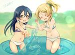  :d ^_^ ayase_eli bikini blonde_hair blue_hair blush brown_eyes child clenched_hands closed_eyes long_hair love_live! love_live!_school_idol_project midriff multiple_girls navel open_hands open_mouth ponytail signature smile sonoda_umi splashing suito swimsuit wading wading_pool younger 