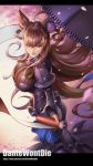  1girl artist_name bangs banned_artist black_dress breasts brown_hair commentary_request double_bun dress fate/grand_order fate_(series) hair_between_eyes hair_ornament holding juliet_sleeves large_breasts letterboxed long_hair long_sleeves looking_away murasaki_shikibu_(fate) parasol petals puffy_sleeves purple_eyes scroll solo umbrella very_long_hair wide_sleeves yinan_cui 