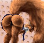  2019 anthro anthrofied bent_over brown_fur butt clothed clothing digital_media_(artwork) female fluffy fluffy_tail fur hair hi_res keidran looking_at_viewer looking_back mammal miniskirt mrs._nibbly presenting rodent sciurid simple_background skirt smile solo standing tree_squirrel twokinds underwear v-tal 