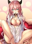  animal_ears areola_slip areolae bad_feet barefoot blue_eyes blush bra breasts cat_ears cleavage collar colored_eyelashes covered_nipples dies_irae heart heart_pillow highres long_hair long_legs looking_at_viewer medium_breasts mia_(gute-nacht-07) mouth_hold pillow pink_hair red_bra rusalka_schwagerin sitting smile solo teeth underwear very_long_hair 