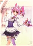  1girl alternate_costume apron blush drill_hair enmaided frills highres katia_(shironeko_project) looking_at_viewer maid pink_hair shironeko_project smile solo twin_drills unier 