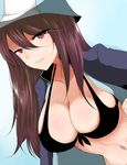  bikini bikini_under_clothes black_bikini blue_background breasts brown_hair front-tie_top girls_und_panzer gradient gradient_background hair_between_eyes halter_top halterneck han_(jackpot) hanging_breasts hat impossible_clothes jitome keizoku_military_uniform large_breasts leaning_forward long_hair looking_at_viewer midriff mika_(girls_und_panzer) military military_uniform navel open_clothes parted_lips purple_eyes smile solo swimsuit uniform upper_body 