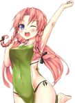  alternate_costume alternate_hairstyle arm_up armpits barefoot blue_eyes blush braid breasts covered_navel highres hong_meiling large_breasts long_hair looking_at_viewer low_twintails naked_tabard one_eye_closed open_mouth red_eyes red_hair shiron_(e1na1e2lu2ne3ru3) sideboob simple_background smile solo tabard touhou twin_braids twintails white_background 