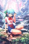  adapted_costume alternate_costume arm_support bare_legs barefoot blue_eyes blue_hair blurry breasts cirno day depth_of_field forest grass hair_ribbon hand_in_hair highres kurobuta_gekkan looking_at_viewer miniskirt nature open_mouth outdoors pink_shirt pointy_ears rain ribbon shirt short_hair short_sleeves skirt small_breasts solo squatting stream tears touhou wet wet_clothes wet_hair wings 