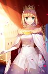  ahoge artoria_pendragon_(all) backlighting blonde_hair bow breasts building cape choker closed_mouth collarbone crown curtains dress elbow_gloves fate/stay_night fate_(series) fur_collar fur_trim gem gloves green_eyes medium_breasts petals rose_petals saber short_hair smile solo sparkle standing sunlight vmax-ver white_bow white_cape white_dress white_gloves 