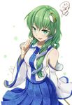  bare_shoulders blush detached_sleeves frog_hair_ornament gohei green_eyes green_hair hair_ornament japanese_clothes kochiya_sanae long_hair long_sleeves looking_at_viewer miko open_mouth pleated_skirt shirt signature skirt smile snake_hair_ornament solo syuri22 touhou white_background wide_sleeves 