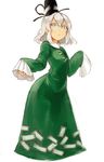  alternate_hairstyle cosplay cropped_legs dress eyebrows green_dress hair_between_eyes hat highres mononobe_no_futo pororikin short_hair silver_eyes silver_hair simple_background sleeves_past_wrists soga_no_tojiko soga_no_tojiko_(cosplay) solo tate_eboshi thick_eyebrows touhou white_background 