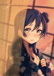  bamboo_screen bangs biting blue_hair blush brown_eyes floral_print hair_between_eyes hand_on_own_chest highres japanese_clothes kimono lip_biting long_hair looking_at_viewer love_live! love_live!_school_idol_project off_shoulder side_bun signature solo sonoda_umi suito upper_body yukata 