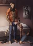  beard bulge clothed clothing collar domination duo eyes_closed facial_hair feline inside kneeling leash lion lynx male male/male mammal open_shirt smile standing unzipped wildering 