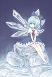  bad_id bad_pixiv_id between_legs blue_background blue_bow blue_dress blue_eyes blue_hair bow cirno closed_mouth crown dress expressionless hair_bow hand_between_legs ice ice_block ice_wings meta-kusuri neck_ribbon puffy_short_sleeves puffy_sleeves red_ribbon ribbon short_hair short_sleeves sitting solo touhou wings 