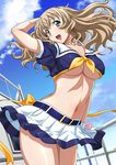  belt blue_eyes breasts cloud crop_top day from_below hairband hand_in_hair ikkitousen large_breasts light_brown_hair long_hair midriff navel open_mouth orange_ribbon outdoors pleated_skirt ribbon shiny shiny_skin skirt skirt_lift solo sonken_chuubou underboob wind wind_lift 