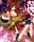 :d alternate_costume bare_shoulders bike_shorts blizzomos bow breasts brown_hair cleavage collarbone commentary floral_print foreshortening full_body geta gohei hair_bow hair_ornament hair_stick hair_tubes hakurei_reimu highres japanese_clothes large_breasts long_hair looking_at_viewer ofuda oonusa open_mouth print_shorts red_bow red_eyes shorts shorts_under_skirt smile solo touhou v-shaped_eyebrows yellow_bow yin_yang 