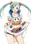  blue_eyes candy collarbone dress earrings eyebrows eyebrows_visible_through_hair food ghost green_hair hair_bobbles hair_ornament halloween hood hood_down ikkitousen jack-o'-lantern jewelry long_hair looking_at_viewer magatama magatama_earrings open_mouth pom_pom_(clothes) shokatsuryou_koumei simple_background skirt_basket skirt_hold solo twintails white_background 