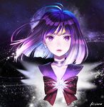  bishoujo_senshi_sailor_moon bow briska brooch brown_bow choker circlet earrings expressionless jewelry lips looking_at_viewer magical_girl purple_eyes purple_hair purple_sailor_collar sailor_collar sailor_saturn sailor_senshi_uniform short_hair signature solo star star_choker tiara tomoe_hotaru upper_body 