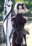  1girl ahoge armor armored_dress bangs black_legwear blurry blurry_background bokeh breasts cape cowboy_shot day depth_of_field dress fate/apocrypha fate_(series) fur-trimmed_cape fur_collar fur_trim gauntlets haoni headpiece jeanne_d&#039;arc_(alter)_(fate) jeanne_d&#039;arc_(fate) jeanne_d&#039;arc_(fate)_(all) large_breasts looking_at_viewer outdoors short_hair silver_hair smile solo standard_bearer thighhighs tsurime yellow_eyes 