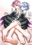  barefoot blue_eyes blue_hair blush commentary_request error feet hair_ornament hair_over_one_eye highres holding_hands interlocked_fingers maid multiple_girls pink_hair ram_(re:zero) re:zero_kara_hajimeru_isekai_seikatsu rem_(re:zero) short_hair siblings sisters soles toes twins wrong_feet x_hair_ornament yuzu_gin_(pika97) 