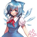  :d blue_dress blue_eyes blue_hair blush bow breasts cirno dress hair_bow highres ice ice_wings looking_at_viewer medium_breasts mii@chiffonx open_mouth puffy_short_sleeves puffy_sleeves red_ribbon ribbon short_hair short_sleeves signature simple_background smile solo teeth touhou upper_body white_background wings 