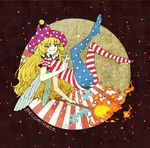  american_flag_dress american_flag_legwear blonde_hair clownpiece constellation fairy_wings fire full_body grin hat jester_cap jigsaw_puzzle long_hair looking_at_viewer pantyhose polka_dot print_legwear puzzle shirt short_sleeves smile solo star striped striped_legwear takanashi_minato teeth touhou wings 