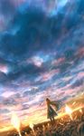  bush cloud dress fantasy from_behind highres light long_hair original petals sakimori_(hououbds) sky solo 