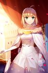  ahoge artoria_pendragon_(all) backlighting blonde_hair bow breasts building cape choker closed_mouth collarbone curtains dress elbow_gloves fate/stay_night fate_(series) fur_collar fur_trim gloves green_eyes medium_breasts petals rose_petals saber short_hair smile solo sparkle standing sunlight vmax-ver white_bow white_cape white_dress white_gloves 