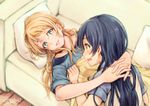  arms_around_neck ayase_eli bangs blonde_hair blue_eyes blue_hair couch grin hair_down hands_together interlocked_fingers jewelry long_hair looking_at_another love_live! love_live!_school_idol_project lying multiple_girls necklace on_back open_mouth pillow short_sleeves signature smile sonoda_umi suito under_covers yellow_eyes yuri 