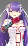  blue_eyes blush breasts center_opening cleavage doyachii elbow_gloves fate/grand_order fate_(series) gloves grey_background hair_ornament highres long_hair looking_at_viewer medium_breasts navel open_mouth purple_hair red_gloves saint_martha short_sleeves simple_background solo 