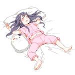  akatsuki_(kantai_collection) arms_up bad_id bad_twitter_id barefoot black_hair bow character_doll closed_eyes commentary_request drooling gomennasai kantai_collection legs_apart long_hair lying messy_hair miss_cloud navel on_back on_bed open_mouth outstretched_arms pajamas pillow pink_pajamas sketch sleeping solo spread_arms white_background 