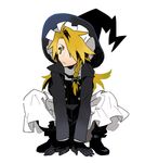  asymmetrical_hair blonde_hair boots bow braid closed_mouth gloves hair_bow hat kirisame_marisa kuroda_(nanchara_flight) long_hair looking_away side_braid solo squatting touhou white_background witch_hat yellow_eyes 