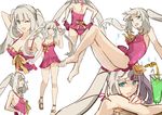  :d ;d arm_behind_head ass back breasts character_sheet crab crab_on_head cup drinking_glass drinking_straw fate/grand_order fate_(series) grey_hair hsin long_hair looking_at_viewer marie_antoinette_(fate/grand_order) marie_antoinette_(swimsuit_caster)_(fate) medium_breasts multiple_views one-piece_swimsuit one_eye_closed open_mouth pink_swimsuit sandals simple_background smile swimsuit twintails white_background 